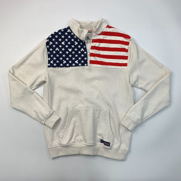 Disney USA Flag Sweater Mens S Small Cream Quarter Zip Patriotic Mickey Mouse - Picture 2 of 13